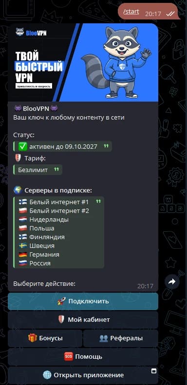 Экран бота «BlooVPN» с меню
